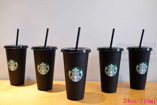 Starbucks Mermaid Goddess 24oz/710ml Plastic Mugs Tumbler Reusable Black Drinking Flat Bottom Pillar Shape Lid Straw Cups