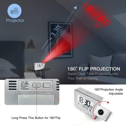 Projektionswecker für Schlafzimmer mit Thermometer Hygrometer Digitales Projekt Deckenuhr Dimmbares LED-Display mit USB-Ladegerät 180 ° drehbar mit Doppelalarm 12 / 24H Snooze