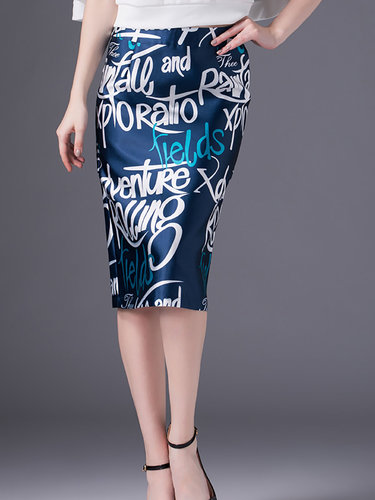 Navy Blue Polyester Casual Midi Skirt