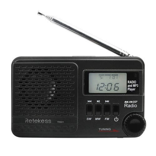 Retekess TR601 Radio FM / AM / SW Multibanda Receptor de radio estéreo digital Reproductor de MP3 Altavoces Auriculares Salida de tiempo Pantalla Antena telescópica