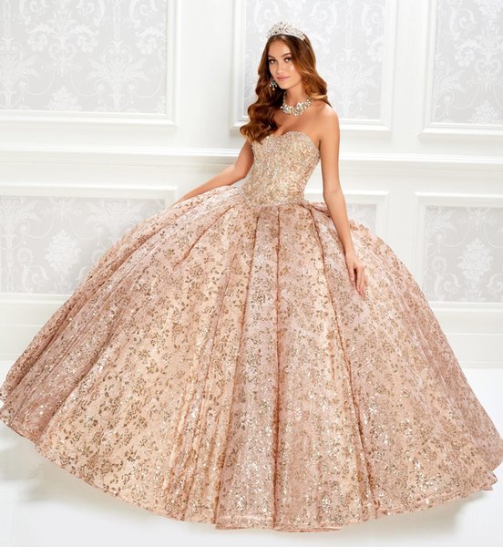 Luxury Rose Gold Ball Gown Quinceanera Dresses Sequins Bodice Corset Lace Beads Prom Dress With Wrap Princess Party Gowns Lace-up
