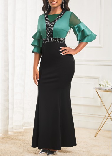ROTITA Shinning Sequin Contrast Black Maxi Dress