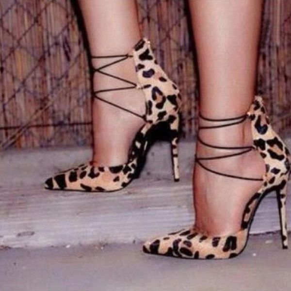 Dress Shoes Pumps Women Sexy Leopard High Heels Pointed Toe Party Ladies Summer Fashion Cross Strappy Stiletto Gladiator Sandals
