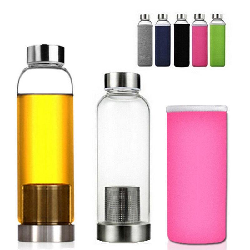 550ml BPA Free Glass Sport Water Bottle with Tea Filter Infuser Protective Bag Outdoor Travel Car Cups AAA663