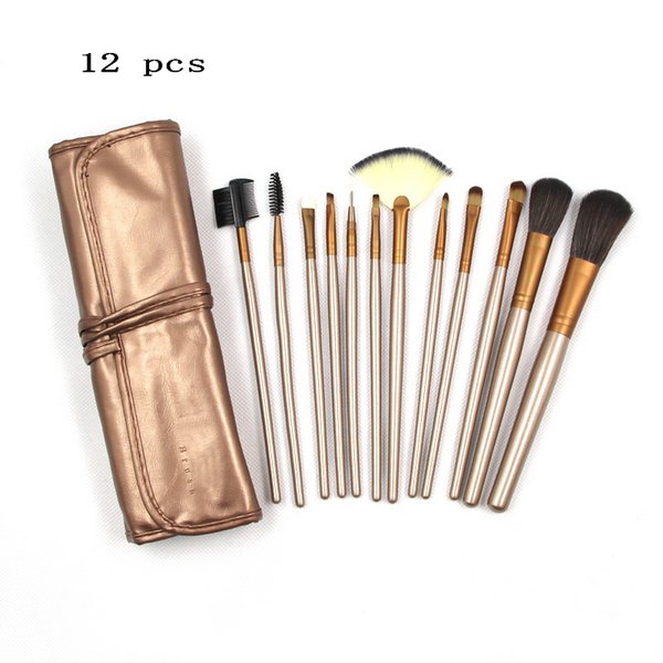 12pcs Brush Professional Makeup Artist Sets Woman Designer Gold Leather Bag Wooden Handle Cosmetics Beauty Tools