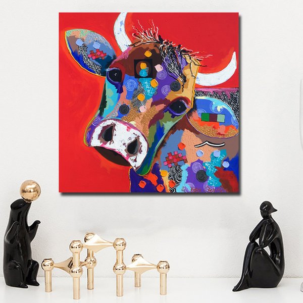 Cartoon Painted Large size printed Canvas Paintings red Cow Oil Paintings Modern Decoration Wall Art Living Room Decor Pictures
