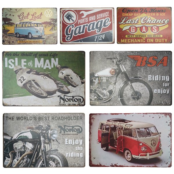 Tin sign Plaque Car Route 66 Bus Garage Gas station Motorcycle Wall Art Poster Decals Plate Painting Home Decor 20*30cm