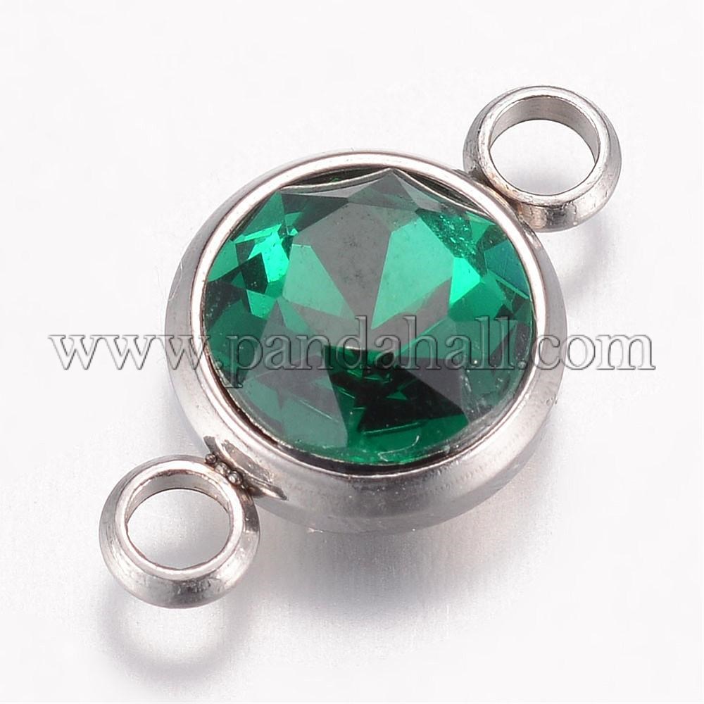 K9 Glass Links, Faceted, with 304 Stainless Steel Findings, Flat Round, Stainless Steel Color, Emerald, 17.5x10x6.5mm, Hole: 2.5mm