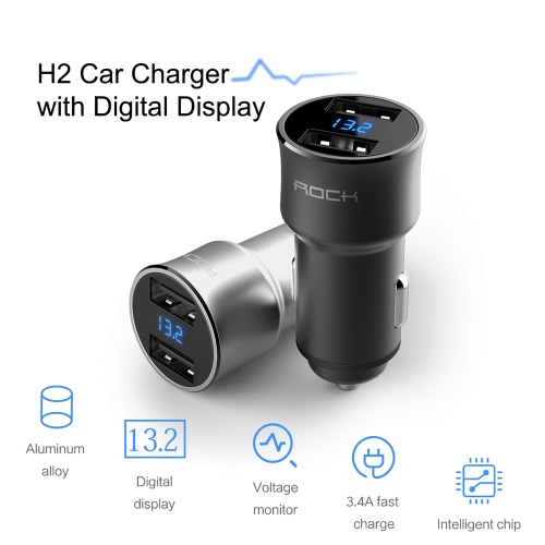 ROCK H2 Dual USB Car Charger with Digital LED Display 5V/3.4A Aluminium Alloy Fast Charging Voltage Monitoring for iPhone Samsung