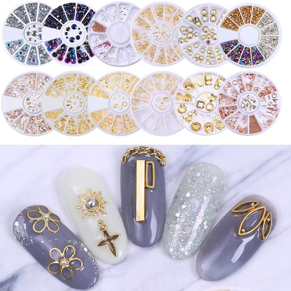 mixed 3d nail art decoration in wheel nail studs gold beads diy tips shining rhinestones manicure accessory diy tools