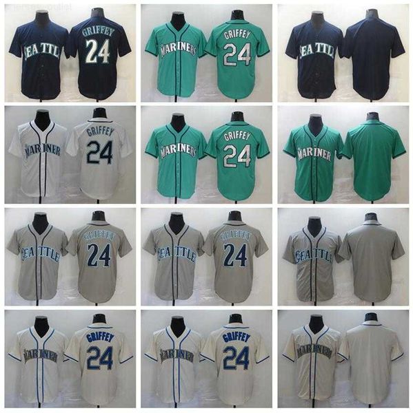 Man Baseball 24 Ken Griffey Jerseys Blank Navy Blue Green White Grey Beige Team Color Flexbase Cool Base Embroidery And Stitched Breathable Top Quality On Sale