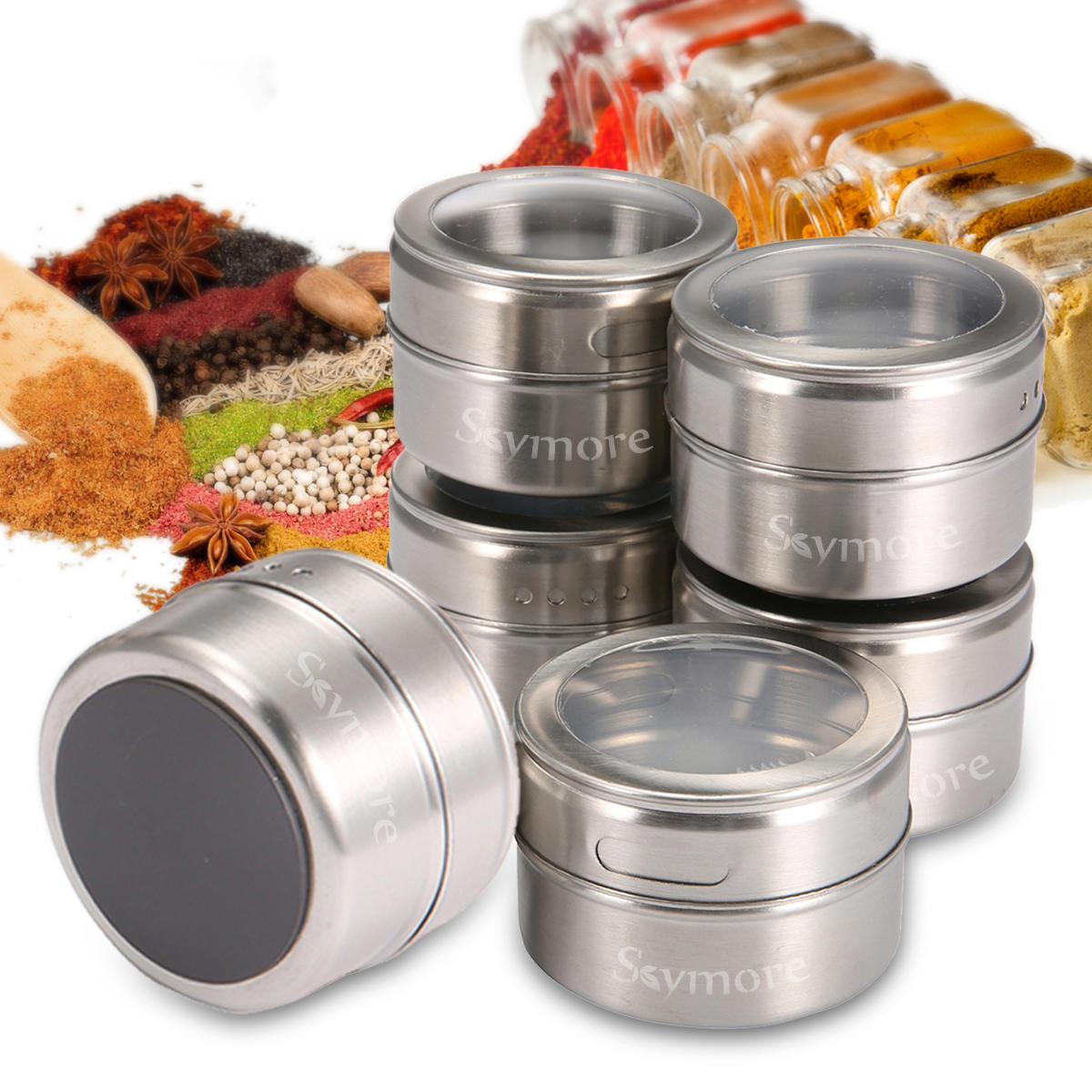 Skymore 12Pcs Spice Jar Set Stainless Steel Magnetic Spice Tins Spice Organizer Condiment Container Clear Top Lid & Sift