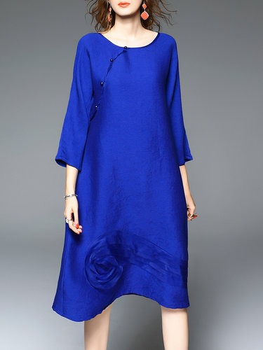 Blue Appliqued Crew Neck Simple Midi Dress