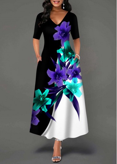 V Neck Floral Print Double Pocket Dress