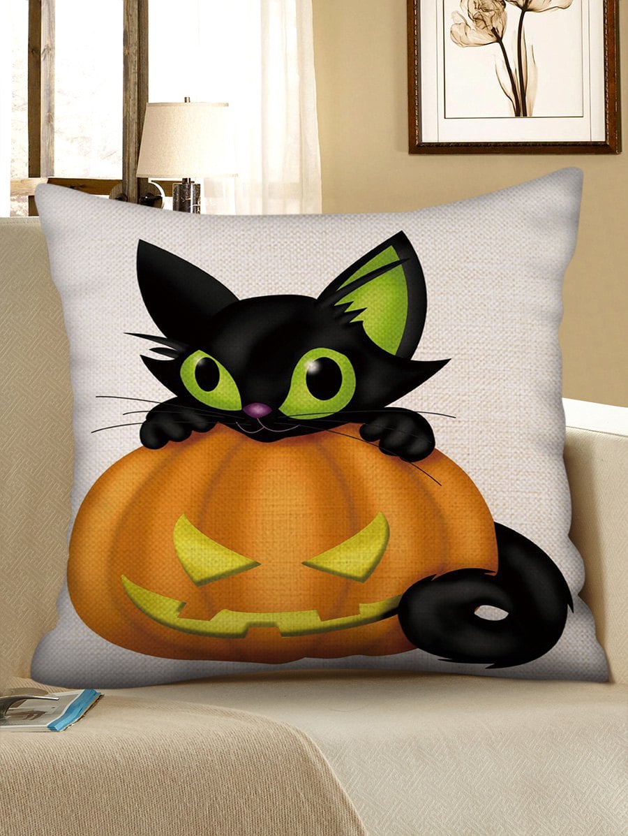 Halloween Pumpkin Cat Print Decorative Sofa Linen Pillowcase
