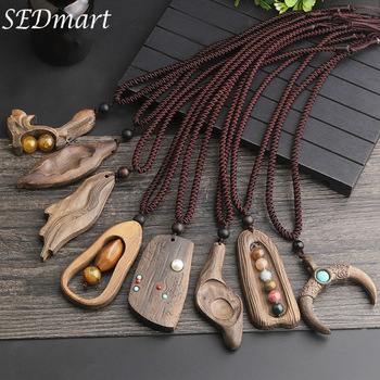 SEDmart Vintage Sandalwood Natural Stone Pendant Necklace for Women and Girls Long Sweater Chain Adjustable Jewelry GiftSouvenir