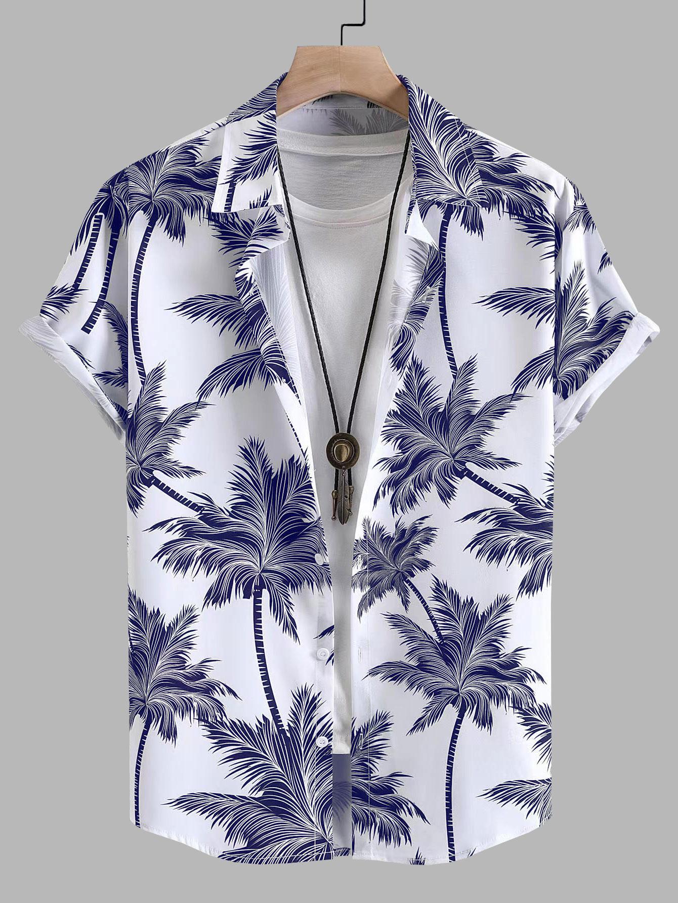 ZAFUL Men's Coconut Tree Print Short Sleeve Hawaiian Shirt L Blue