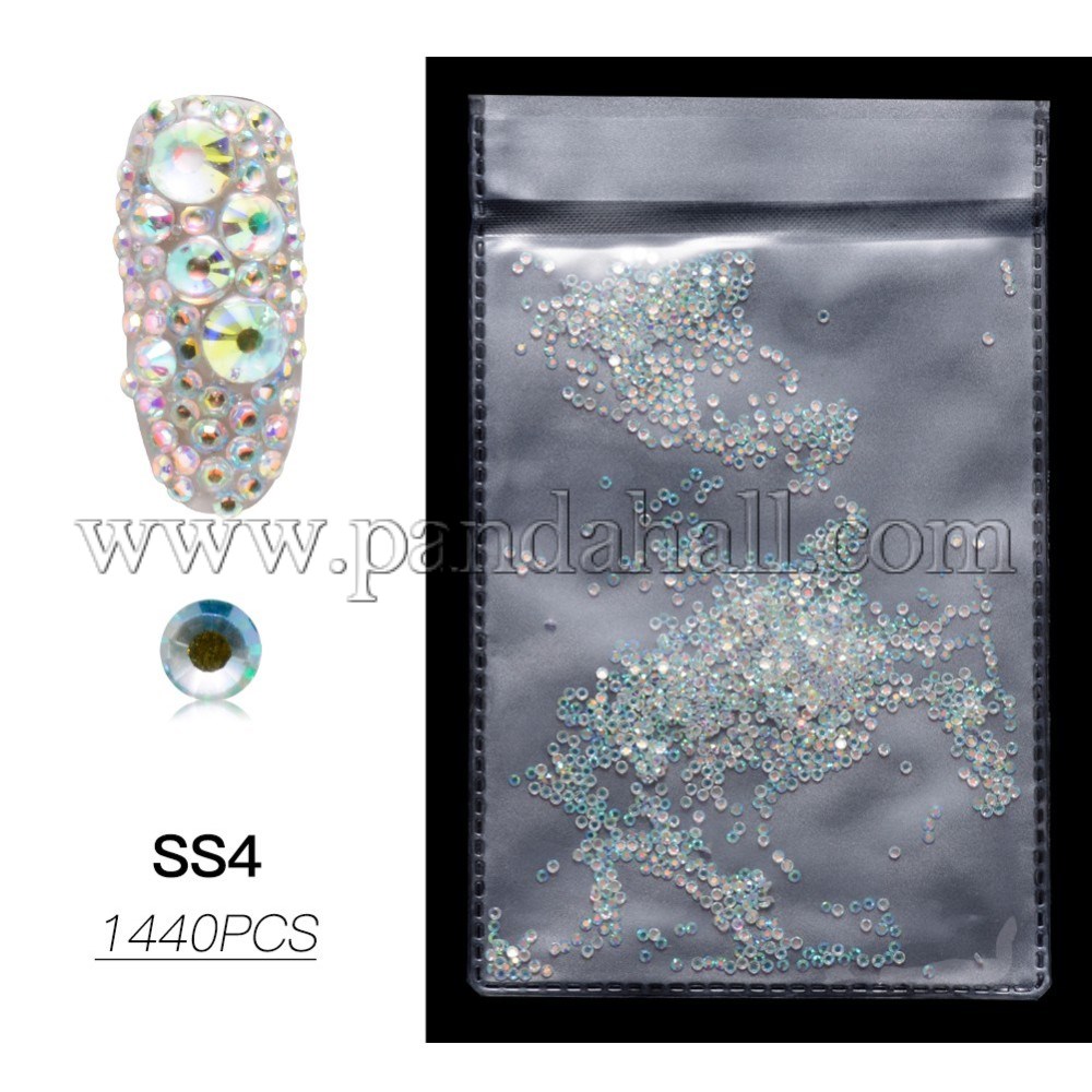 Flat Back Glass Rhinestone Nail Art Decoration Accessories, Half Round, Coral AB, SS4, 1.5~1.6x0.5mm; about 1440pcs/bag