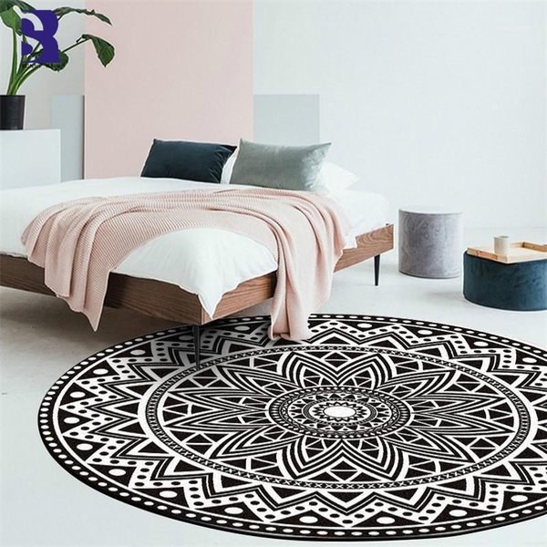 Carpets SunnyRain 1-piece Fleece Black Mandala Area Rug For Bedroom Round Rugs Living Room1