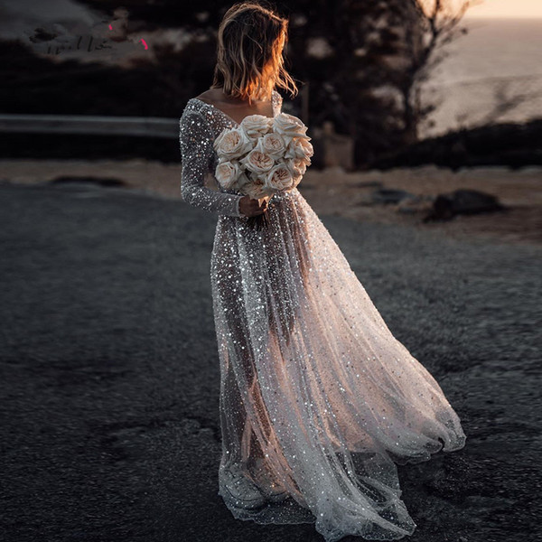 Sexy Illusion Boho Wedding Dress A-Line V-Neck Sleeves Dresses Backless Bridal Gowns Sequined Beading Beach