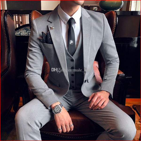 Handsome Groomsmen Grey Groom Tuxedos Mens Wedding Dress Man Jacket Blazer Prom Dinner 3 Piece Suit(Jacket+Pants+Tie+Vest) A28