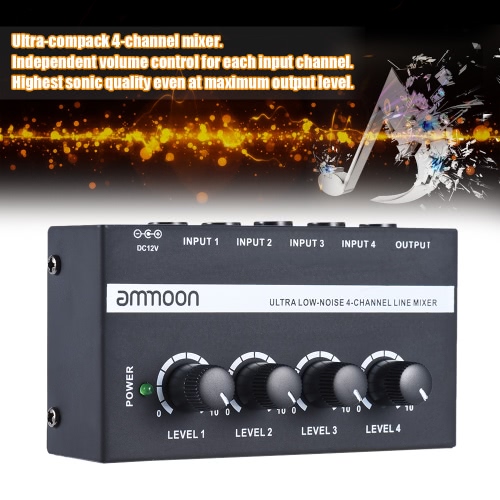 ammoon MX400 Ultra-compact Low Noise 4 Channels Line Mono Audio Mixer with Power Adapter