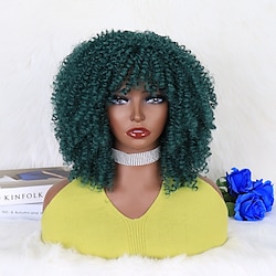 Synthetic Wig Deep Curly Afro Curly Neat Bang Machine Made Wig 12 inch fluorescent green Black / Dark Green Synthetic Hair Women's Soft Adjustable Classic Green Lightinthebox