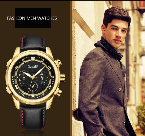 MEGIR Fashion Genuine Leather Men Sport Watch 3ATM Water-resistant Quartz Luminous Wristwatch Man Relogio Musculino Chronograph