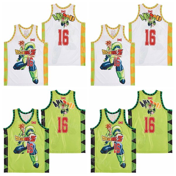 Movie Ball Z DBZ character 16 Android Basketball Jersey Hip Hop All Stitched Team Color Green White HipHop Breathable For Sport Fans High School University