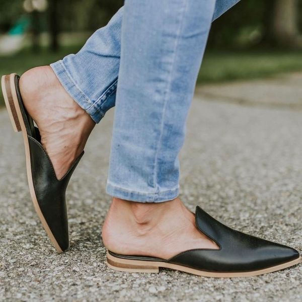 Slippers Women Shoes Ladies Mules Pointed Toe Woman Plus Size Solid Black Leather Wood Sole Low Heels Slides Casual