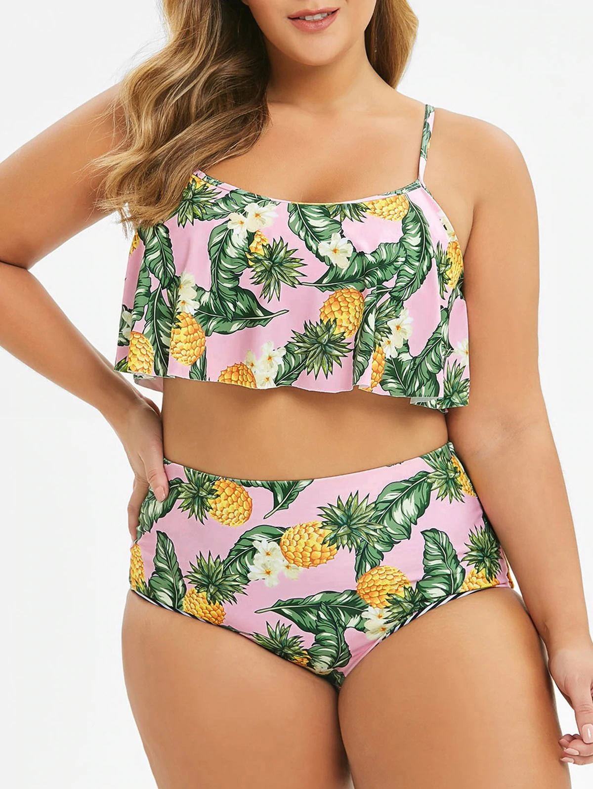 Plus Size Pineapple Leaf Flounce Reversible Bikini Swimsuit