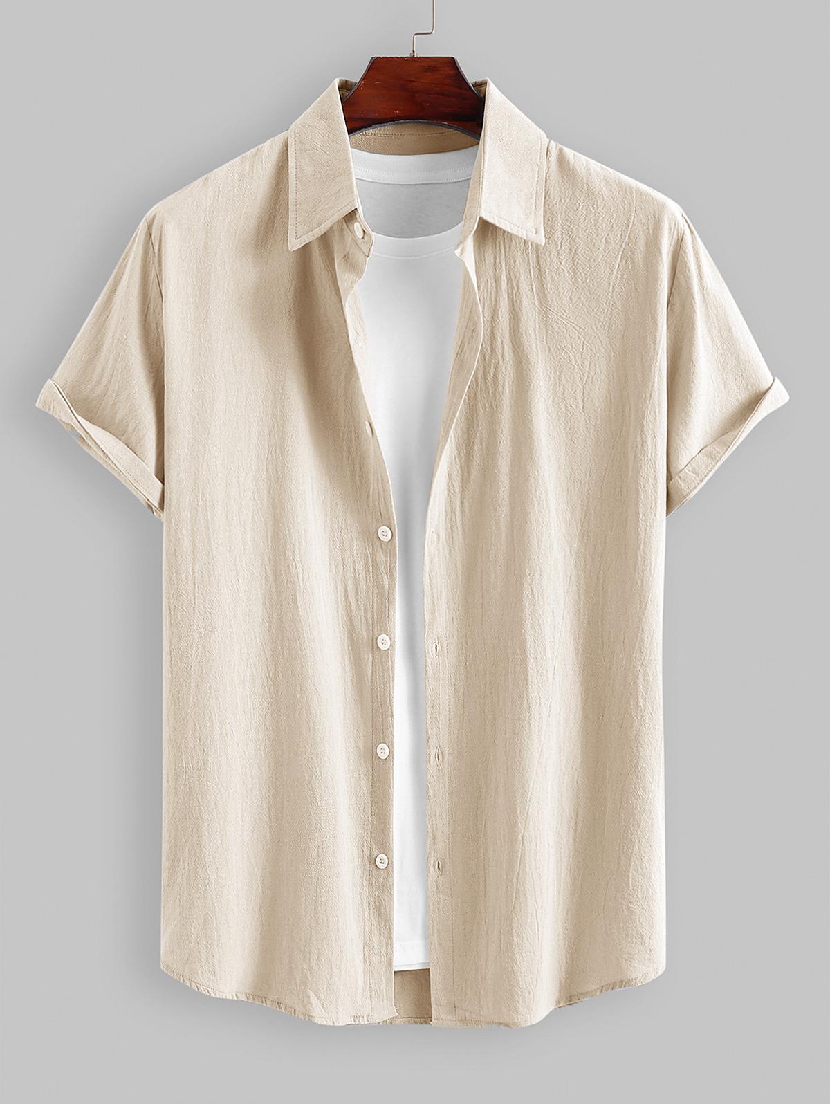 ZAFUL Men's Cotton and Linen Textured Asymmetric Hem Short Sleeves Shirt Xl Light coffee