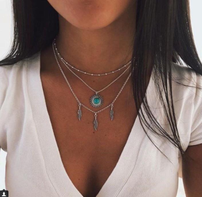Bohemian Multilayer Silver Necklace laeave Turquoise Chain