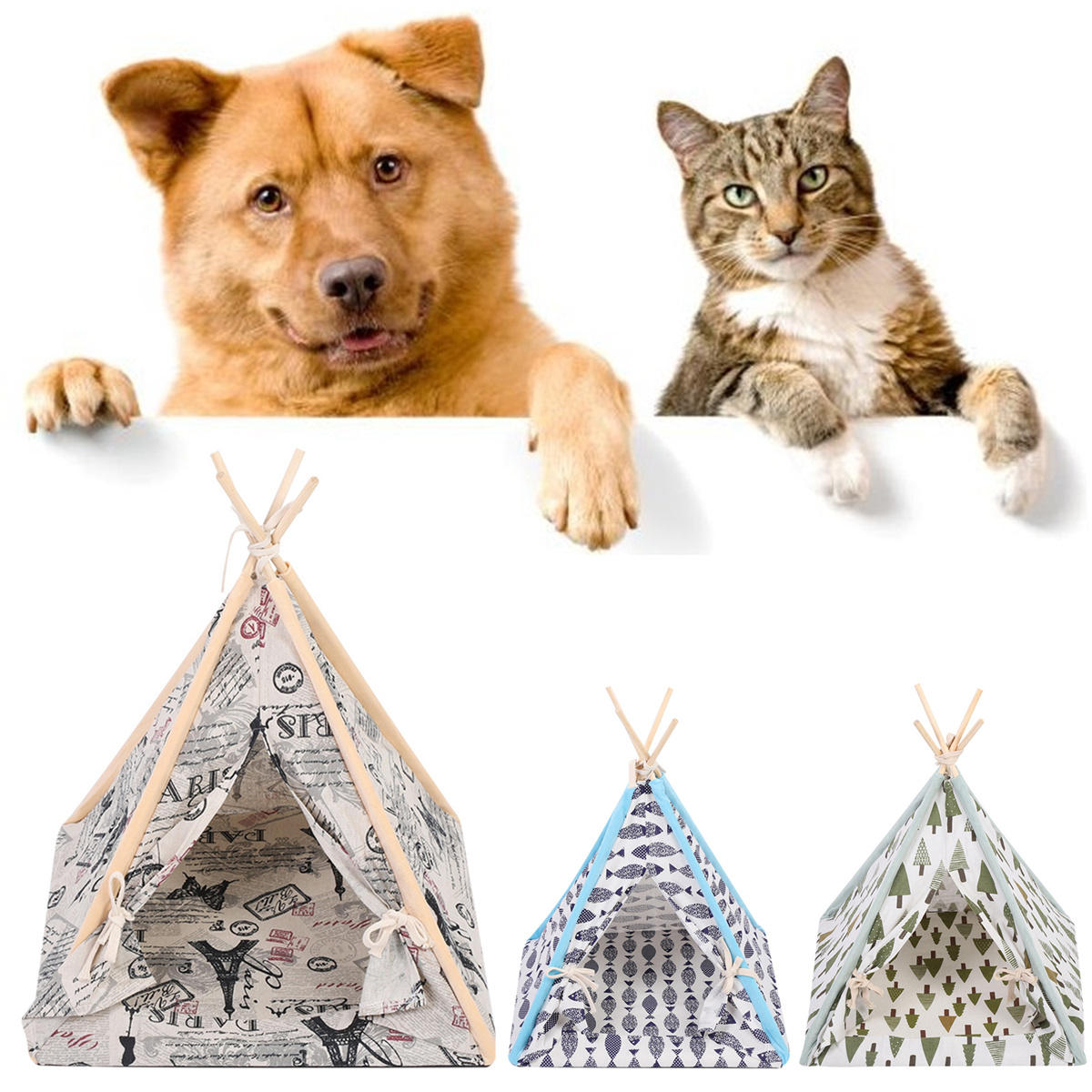 Foldable Linen Pet Dog House Washable Tent Puppy Cat Indoor Outdoor Teepee Mat