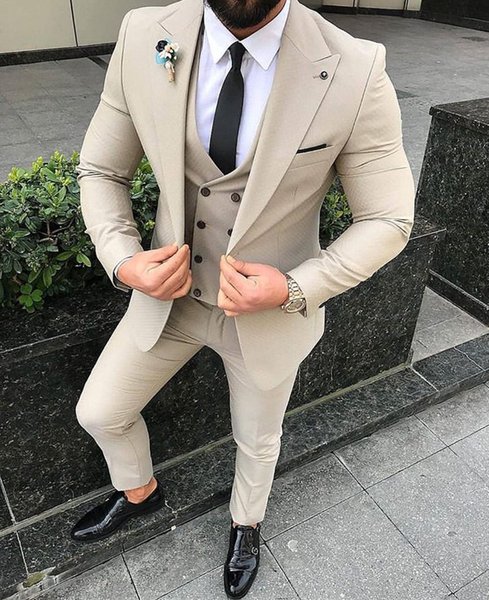 New Arrival Beige Men 3 Piece Suit Slim Fit Men Wedding Tuxedos Peak Lapel One Button Blazer Formal Business Suits(Jacket+Pants+Vest)