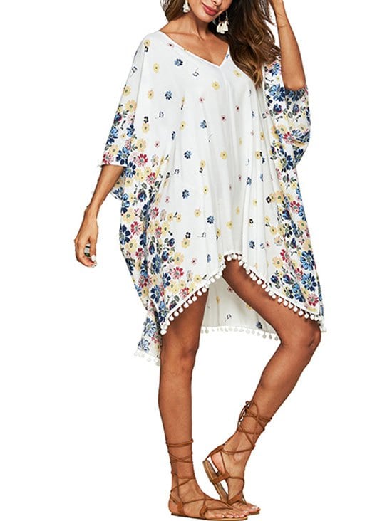 Flower Batwing Sleeve Beach Cover Up
