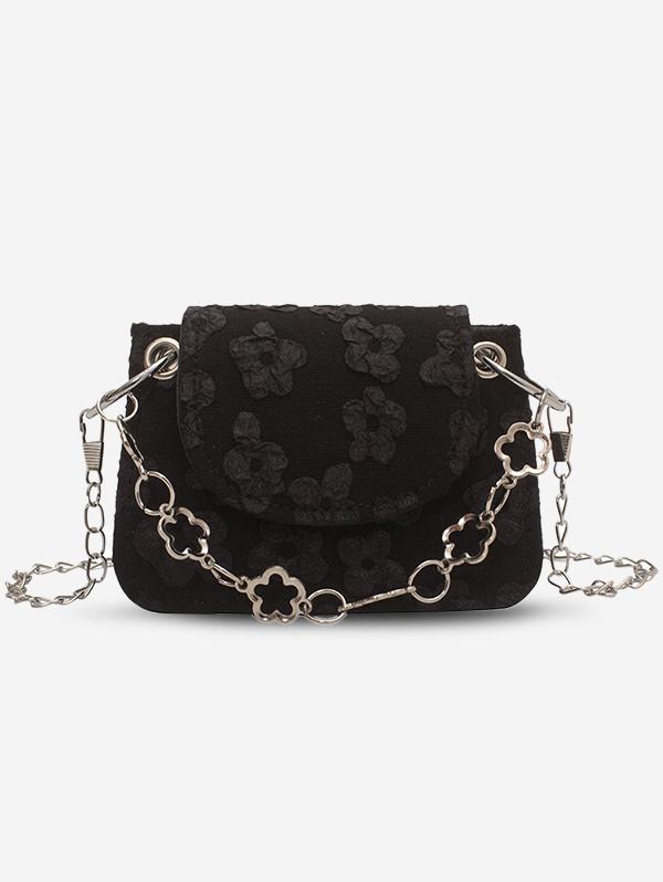 Floral Patched Chains Textured Flap Crossbody Bag