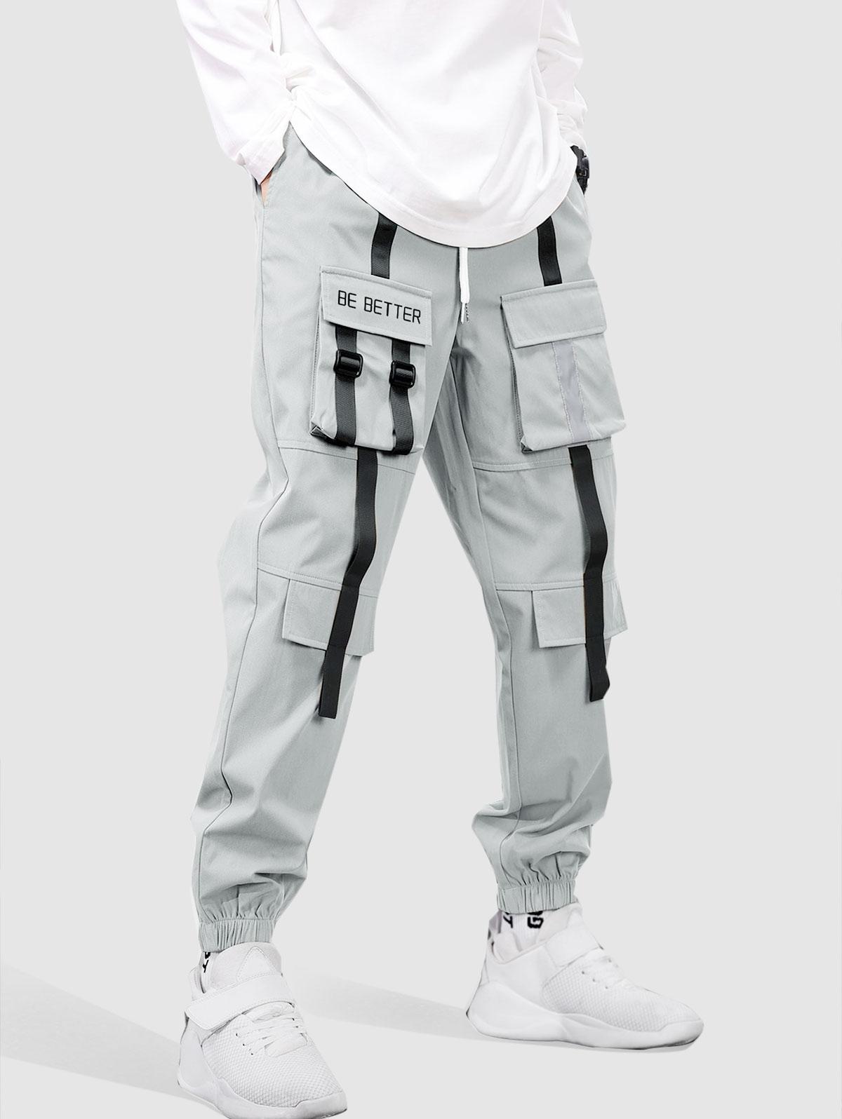 ZAFUL Men's Letter Printed Flap Pocket Straps Design Streetwear Cargo Pants Xl Gray