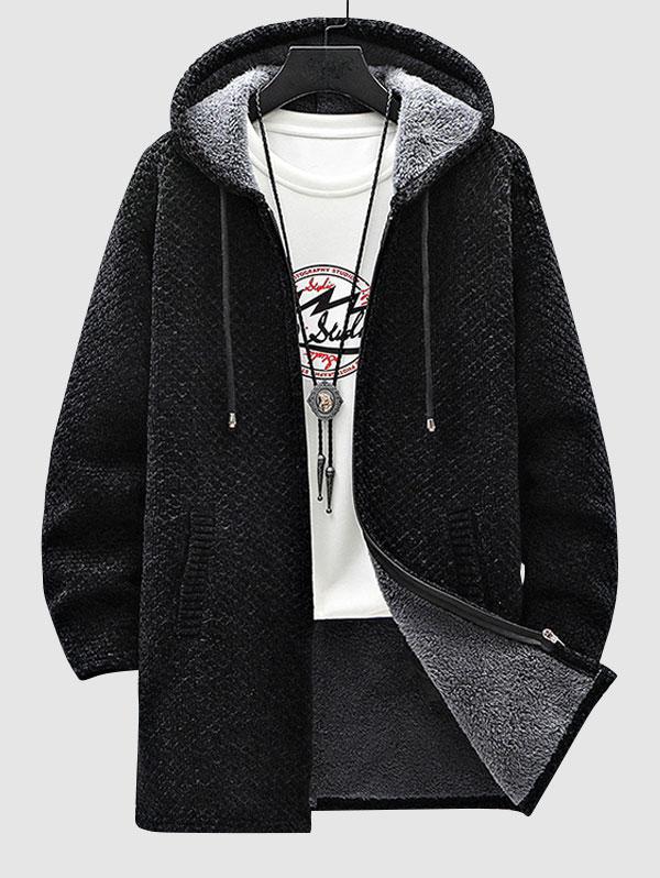 ZAFUL Men's Zip Fly Fleece-lined Hooded Long Jacket M Black