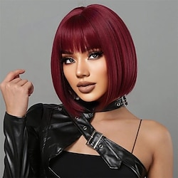 Fashion Bobo Wig European and American Wig Women's Short Straight Hair Wine Red Hair with Fringe Mechanism Chemical Fiber Headgear Wigs ChristmasPartyWigs Lightinthebox