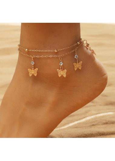 Butterfly Rhinestone Layered Design Gold Anklet