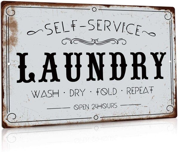 Laundry Room Decor, Vintage Farmhouse Laundry Sign for Bathroom, Washroom, 12x8 Inches Aluminum Metal Wall Sign - Self Service