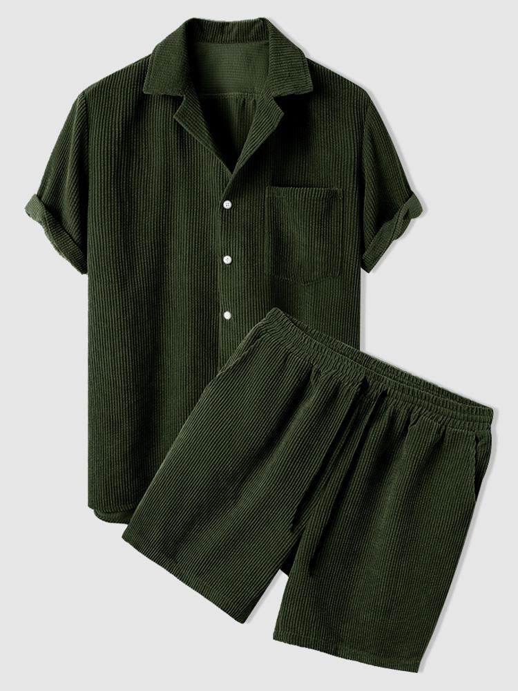 ZAFUL Men's Corduroy Casual Short Sleeves Shirt and Shorts Set Xxl Deep green