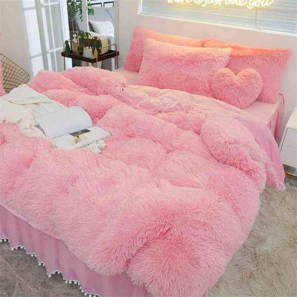 Luxury Pure Color Plush Shaggy Warm Fleece Girl Bedding Set Mink Velvet Double Duvet Cover Bed Skirt Pillowcase Home Textile 210831