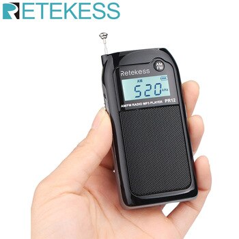 Retekess PR12 Mini Pocket Radio FM AM Digital Tuning Radio Receiver 9K/10K MP3 Music Player Rechargeable Battery Portable Radio