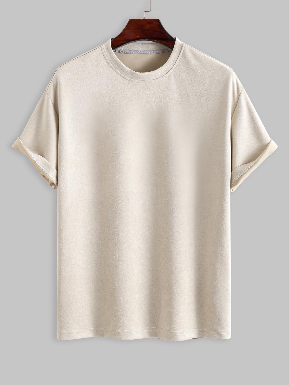 ZAFUL Men's Retro Faux Suede Fabric Plain Short Sleeves T Shirt L Light coffee