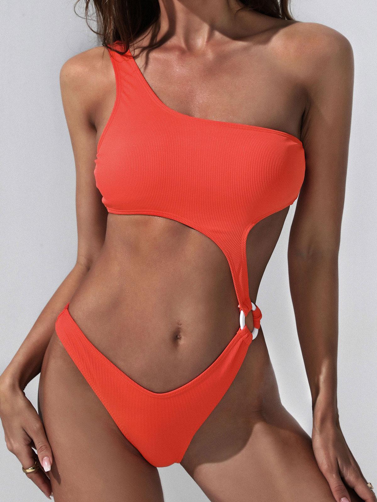 ZAFUL Ribbed One Shoulder Cutout O Ring One-piece Swimsuit L Orange