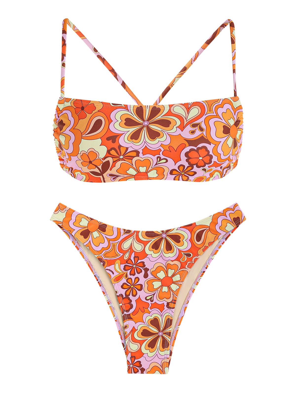 ZAFUL Criss Cross High Leg Floral Cheeky Bikini Swimwear L Orange
