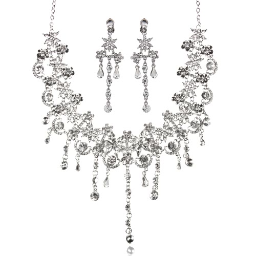 El collar pendiente cristalino del Rhinestone de las mujeres de moda de aleación de zinc que deslumbra y aretes de joyería nupcial conjunto para el banquete de boda de la novia del regalo