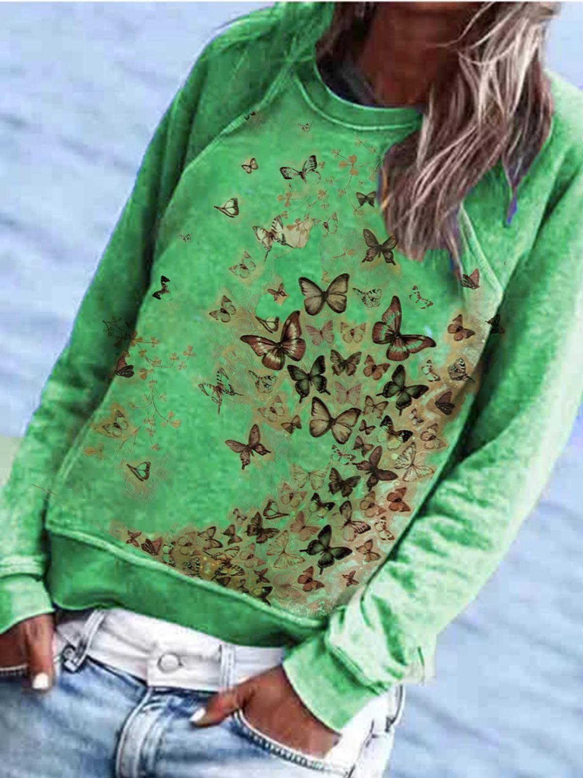 Green Casual Cotton-Blend Crew Neck Printed Causal Tops - Noracora